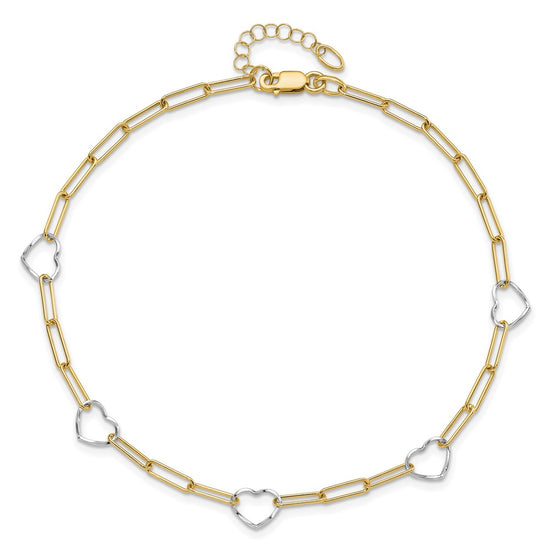 14K Two-tone 5 Hearts and Paperclip Links 9 inch Plus 1 inch Extender - Total 10 inch Anklet
