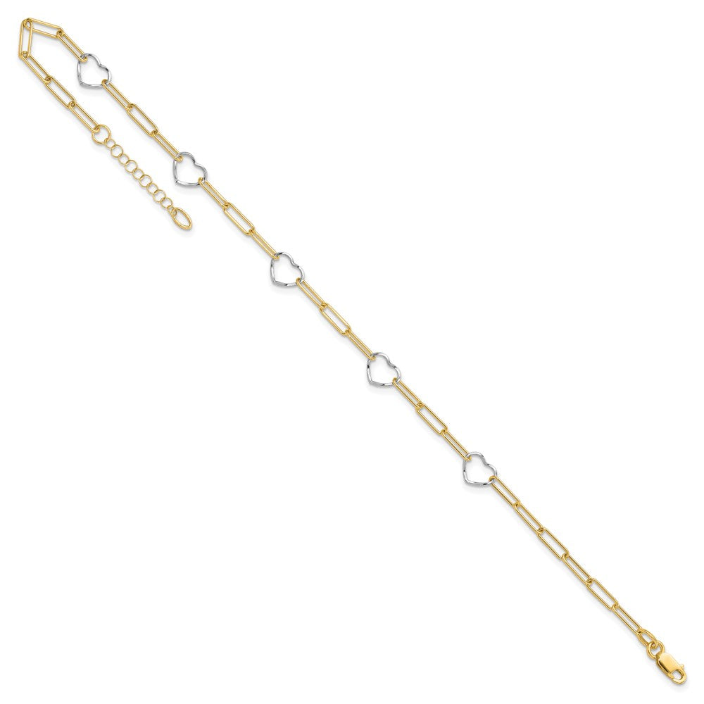 14K Two-tone 5 Hearts and Paperclip Links 9 inch Plus 1 inch Extender Total 10 inch Anklet