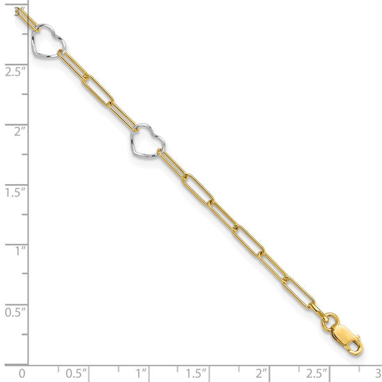 14K Two-tone 5 Hearts and Paperclip Links 9 inch Plus 1 inch Extender Total 10 inch Anklet