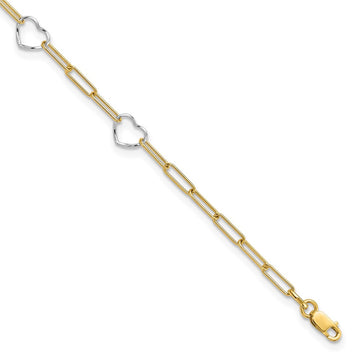 14K Two-tone 5 Hearts and Paperclip Links 9 inch Plus 1 inch Extender Total 10 inch Anklet