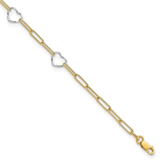 14K Two-tone 5 Hearts and Paperclip Links 9 inch Plus 1 inch Extender Total 10 inch Anklet