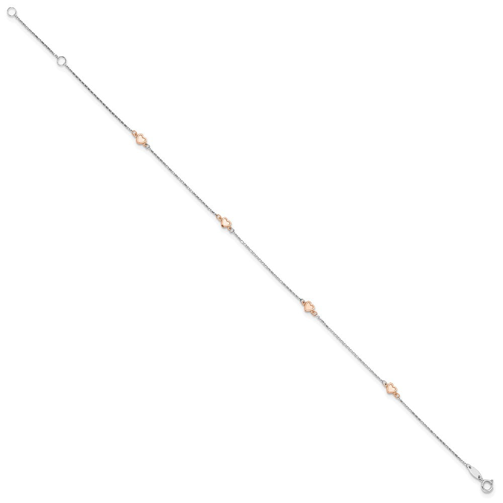 14K Two-tone White and Rose Satin Hearts 4-Station 9 inch Plus 1 inch Extender Total 10 inch Anklet