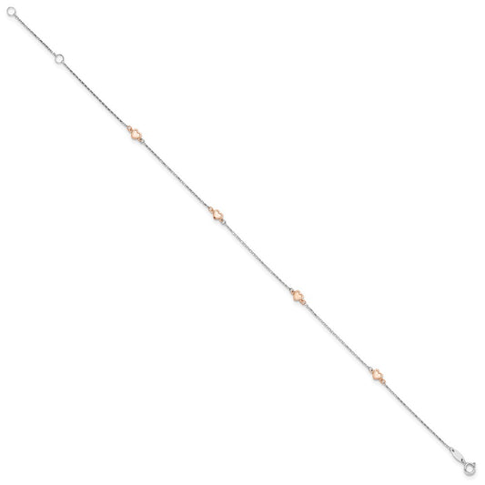 14K Two-tone White and Rose Satin Hearts 4-Station 9 inch Plus 1 inch Extender Total 10 inch Anklet