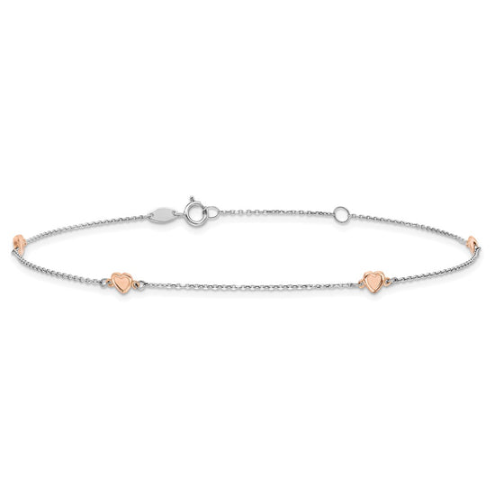 14K Two-tone White and Rose Satin Hearts 4-Station 9 inch Plus 1 inch Extender Total 10 inch Anklet