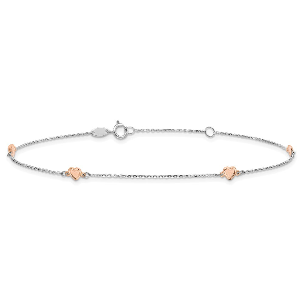 14K Two-tone White and Rose Satin Hearts 4-Station 9 inch Plus 1 inch Extender Total 10 inch Anklet