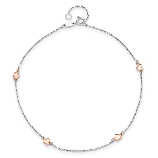 14K Two-tone White and Rose Satin Hearts 4-Station 9 inch Plus 1 inch Extender Total 10 inch Anklet