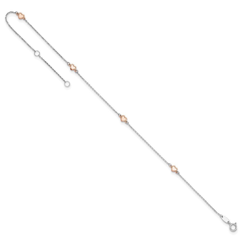 14K Two-tone White and Rose Satin Hearts 4-Station 9 inch Plus 1 inch Extender Total 10 inch Anklet