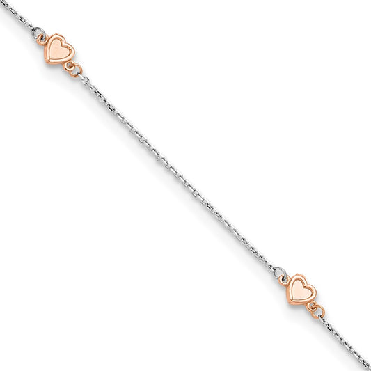 14K Two-tone White and Rose Satin Hearts 4-Station 9 inch Plus 1 inch Extender Total 10 inch Anklet