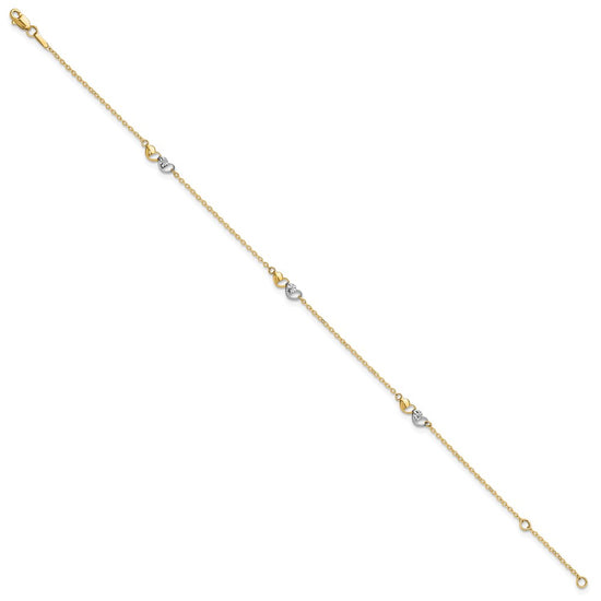 14k Two-tone Diamond-cut Double Hearts 3-Station 9 inch Plus 1 inch Extender Total 10 inch Anklet
