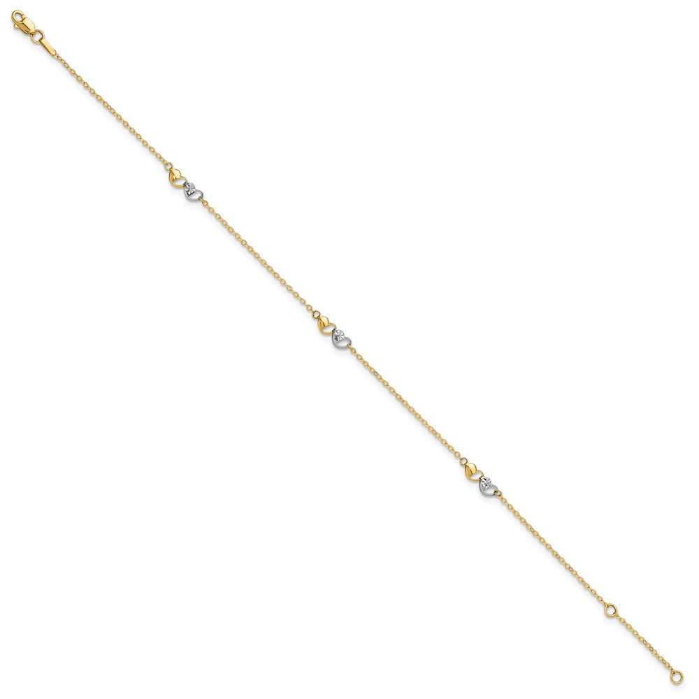 14k Two-tone Diamond-cut Double Hearts 3-Station 9 inch Plus 1 inch Extender Total 10 inch Anklet