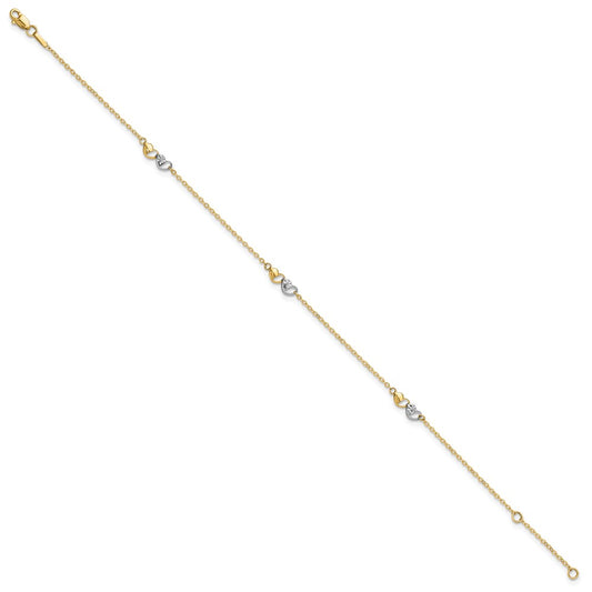 14k Two-tone Diamond-cut Double Hearts 3-Station 9 inch Plus 1 inch Extender Total 10 inch Anklet