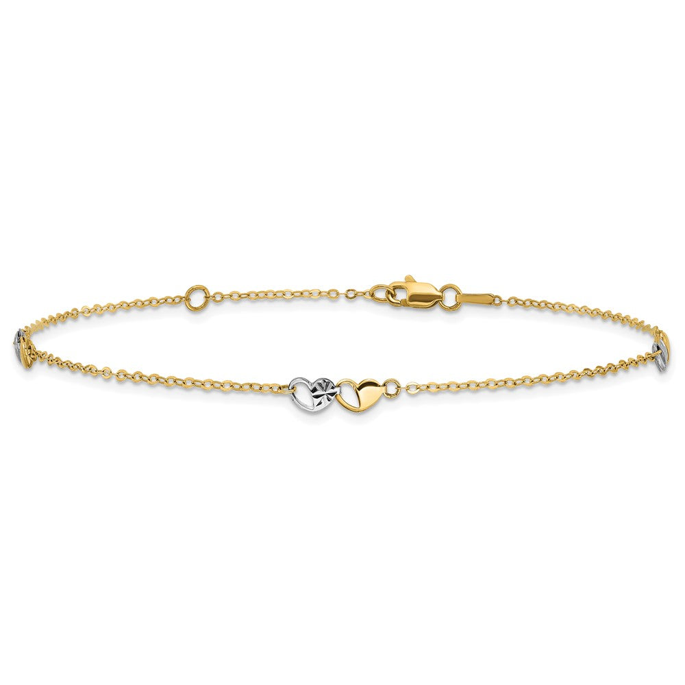 14k Two-tone Diamond-cut Double Hearts 3-Station 9 inch Plus 1 inch Extender Total 10 inch Anklet