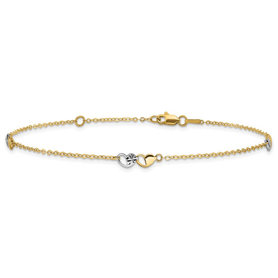 14k Two-tone Diamond-cut Double Hearts 3-Station 9 inch Plus 1 inch Extender - Total 10 inch Anklet