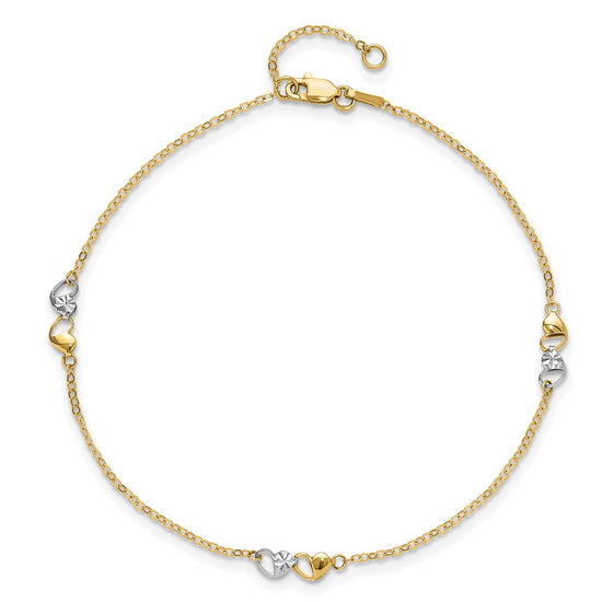 14k Two-tone Diamond-cut Double Hearts 3-Station 9 inch Plus 1 inch Extender Total 10 inch Anklet