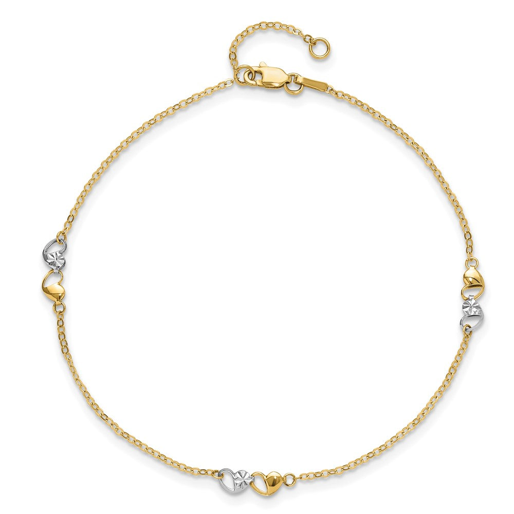 14k Two-tone Diamond-cut Double Hearts 3-Station 9 inch Plus 1 inch Extender Total 10 inch Anklet
