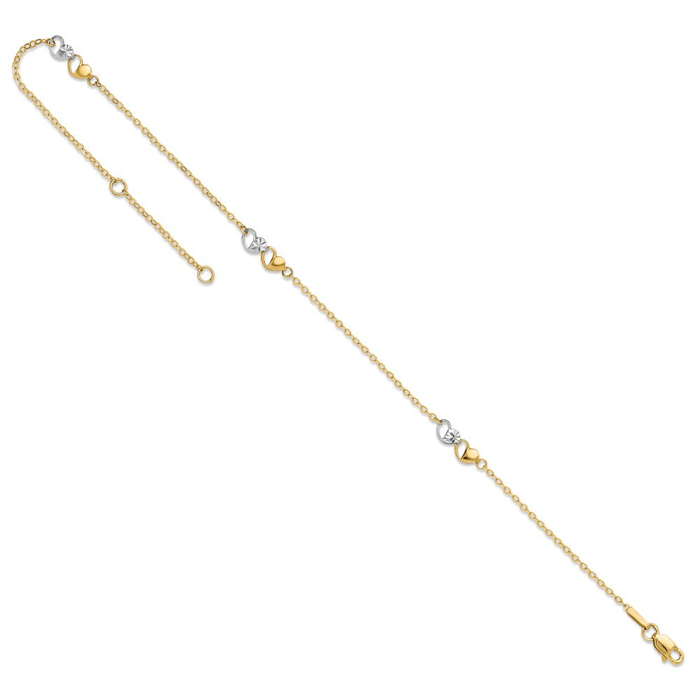 14k Two-tone Diamond-cut Double Hearts 3-Station 9 inch Plus 1 inch Extender Total 10 inch Anklet