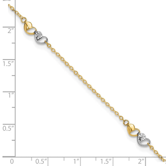 14k Two-tone Diamond-cut Double Hearts 3-Station 9 inch Plus 1 inch Extender Total 10 inch Anklet