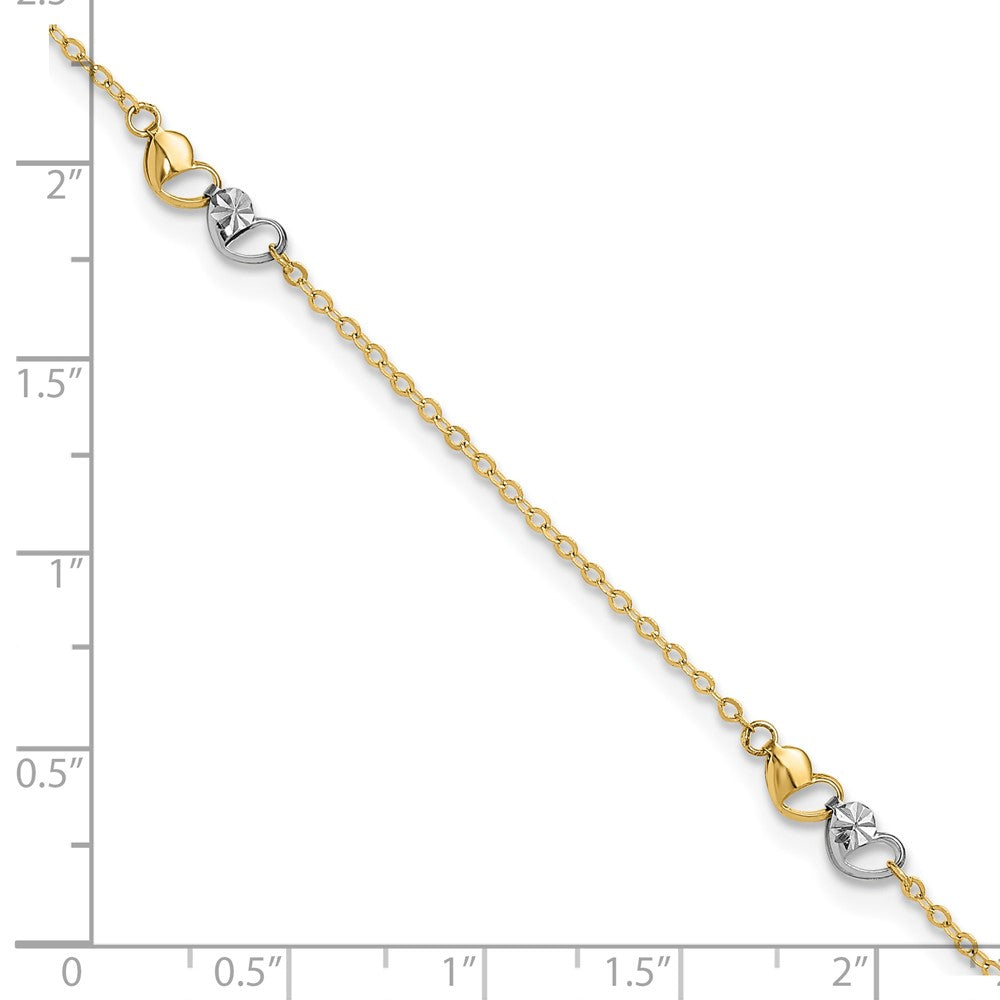 14k Two-tone Diamond-cut Double Hearts 3-Station 9 inch Plus 1 inch Extender Total 10 inch Anklet