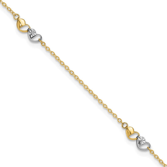 14k Two-tone Diamond-cut Double Hearts 3-Station 9 inch Plus 1 inch Extender Total 10 inch Anklet