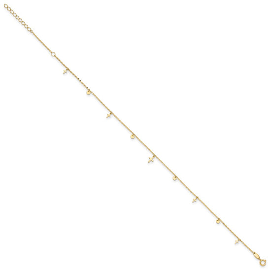 14K Polished Dangle Crosses and Circles 9 inch Plus 2 in Extender - Total 11 inch Anklet