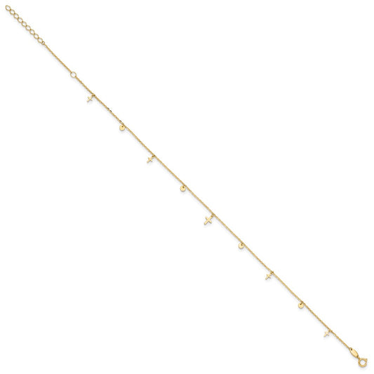 14K Polished Dangle Crosses and Circles 9 inch Plus 2 in Extender - Total 11 inch Anklet