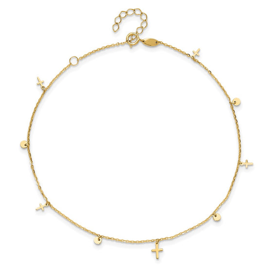 14K Polished Dangle Crosses and Circles 9 inch Plus 2 in Extender - Total 11 inch Anklet