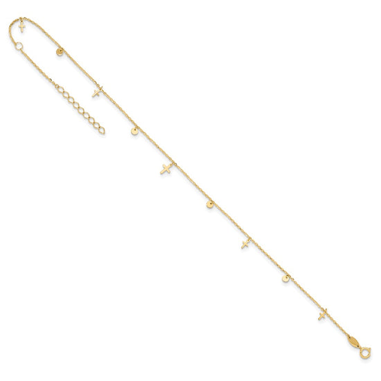 14K Polished Dangle Crosses and Circles 9 inch Plus 2 in Extender - Total 11 inch Anklet