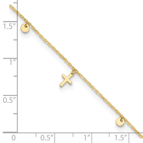 14K Polished Dangle Crosses and Circles 9 inch Plus 2 in Extender - Total 11 inch Anklet