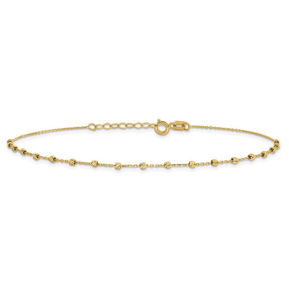14K Diamond-cut Bead and Chain 9 inch Plus 0.75 inch Extender Total 9.75 inch Anklet