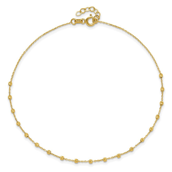 14K Diamond-cut Bead and Chain 9 inch Plus 0.75 inch Extender Total 9.75 inch Anklet