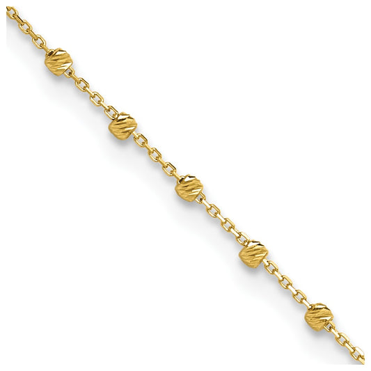14K Diamond-cut Bead and Chain 9 inch Plus 0.75 inch Extender Total 9.75 inch Anklet