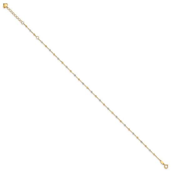 14K Two-tone Diamond-cut Bead 10 inch Plus 1 inch Extender - Total 11 inch Anklet