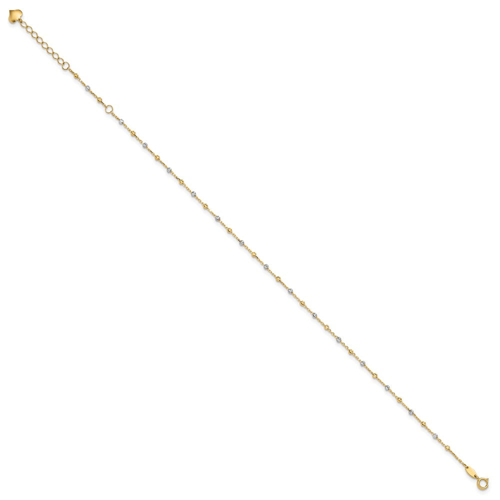 14K Two-tone Diamond-cut Bead 10 inch Plus 1 inch Extender - Total 11 inch Anklet