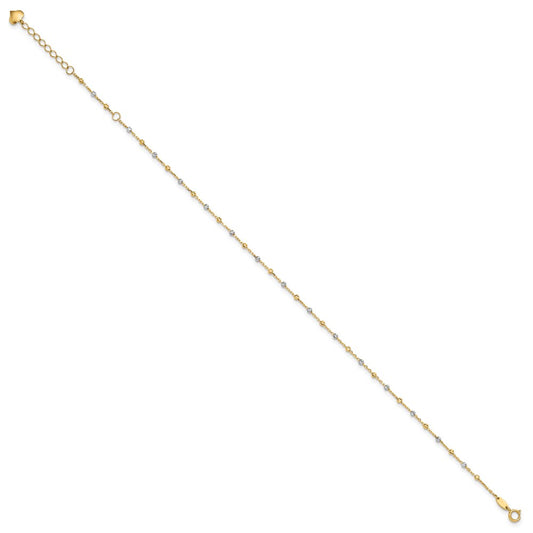 14K Two-tone Diamond-cut Bead 10 inch Plus 1 inch Extender - Total 11 inch Anklet
