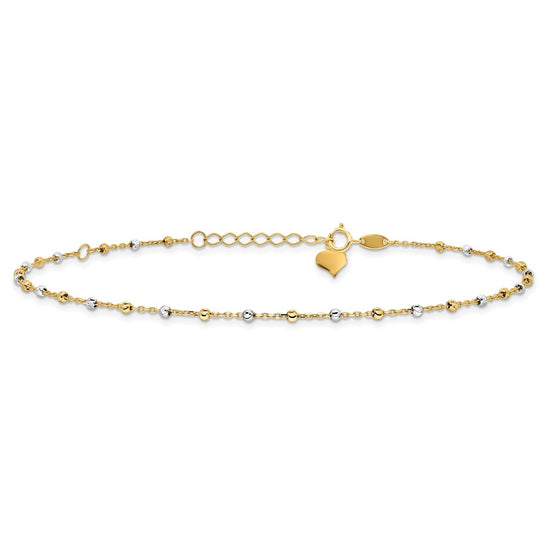 14K Two-tone Diamond-cut Bead 10 inch Plus 1 inch Extender - Total 11 inch Anklet