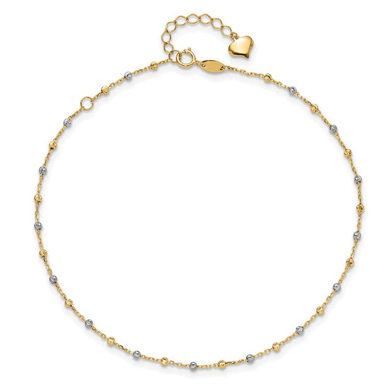 14K Two-tone Diamond-cut Bead 10 inch Plus 1 inch Extender - Total 11 inch Anklet