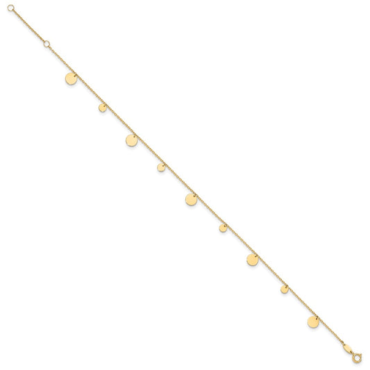 14K Polished Circle Dangles 9 inch Plus 1 inch Extender Total 10 inch Anklet