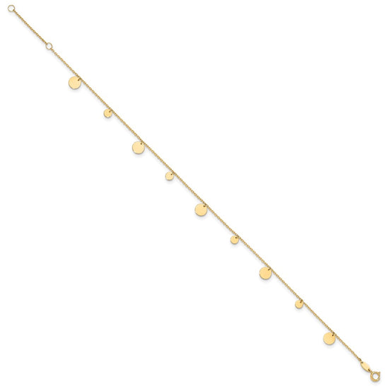 14K Polished Circle Dangles 9 inch Plus 1 inch Extender - Total 10 inch Anklet