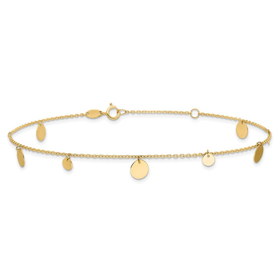 14K Polished Circle Dangles 9 inch Plus 1 inch Extender - Total 10 inch Anklet