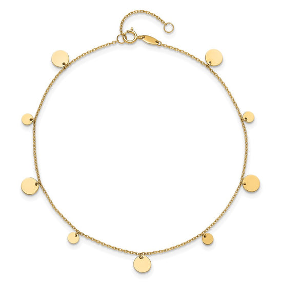 14K Polished Circle Dangles 9 inch Plus 1 inch Extender Total 10 inch Anklet