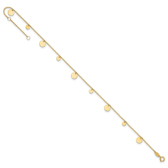 14K Polished Circle Dangles 9 inch Plus 1 inch Extender - Total 10 inch Anklet