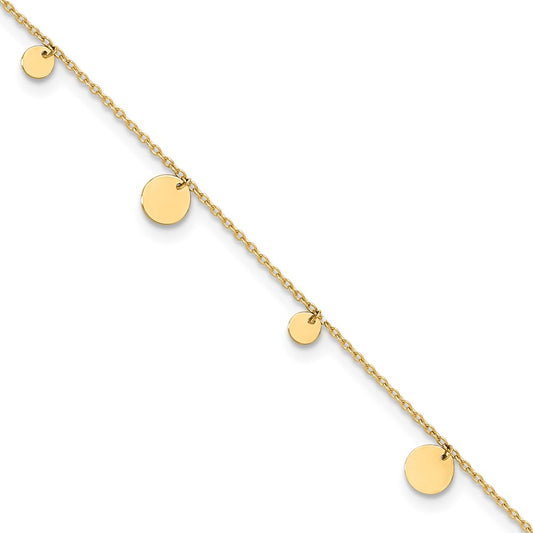 14K Polished Circle Dangles 9 inch Plus 1 inch Extender Total 10 inch Anklet