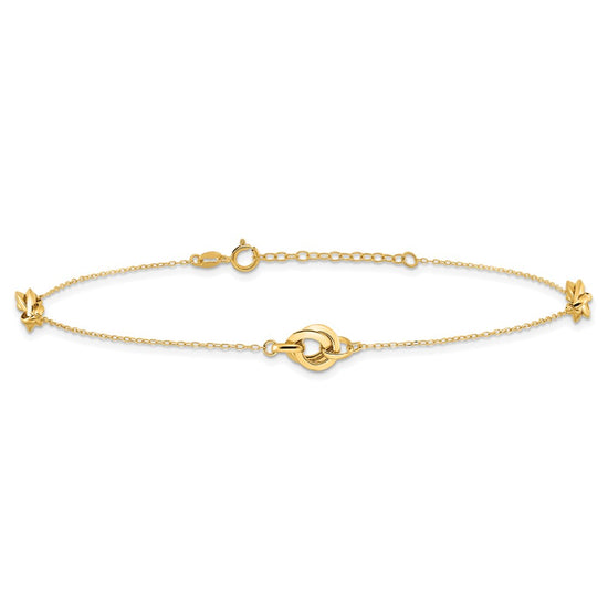 14K Polished Three Station Fancy Link 9in Plus 1in extension Anklet