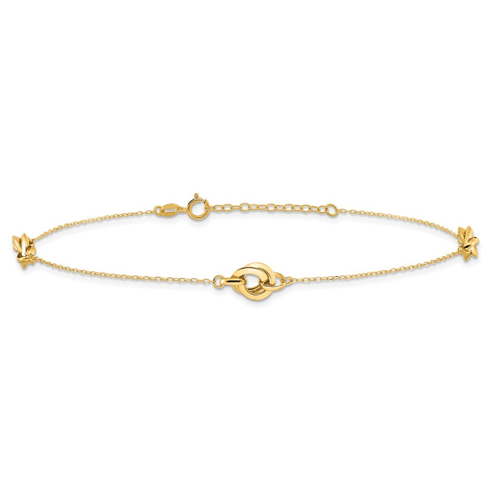 14K Polished Three Station Fancy Link 9in Plus 1in extension Anklet