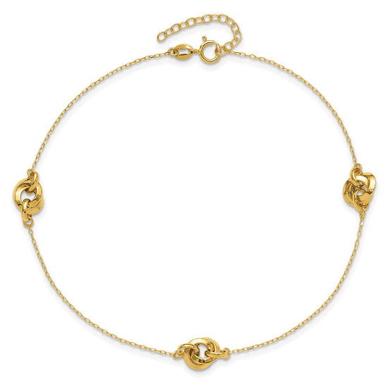 14K Polished Three Station Fancy Link 9in Plus 1in extension Anklet