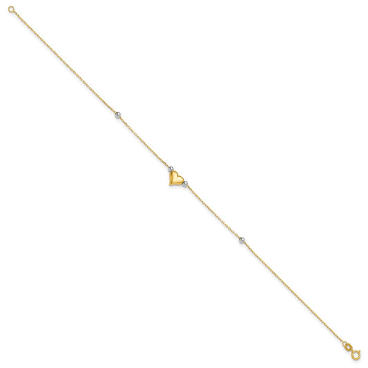 14k Two-tone Polished Puffed Heart with Beads 10 inch Anklet