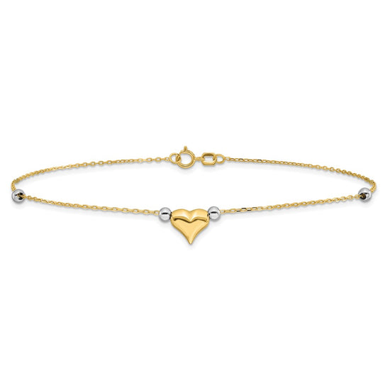 14k Two-tone Polished Puffed Heart with Beads 10 inch Anklet