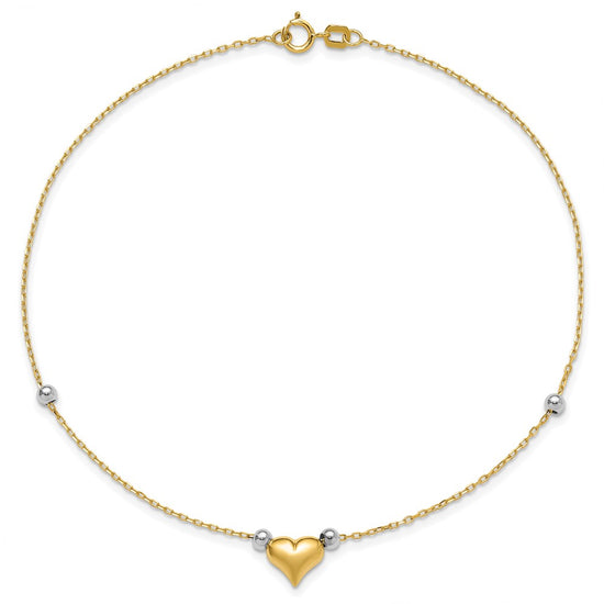 14k Two-tone Polished Puffed Heart with Beads 10 inch Anklet