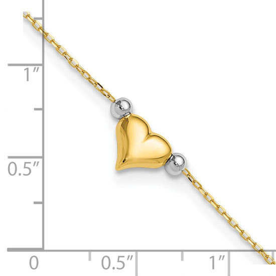 14k Two-tone Polished Puffed Heart with Beads 10 inch Anklet