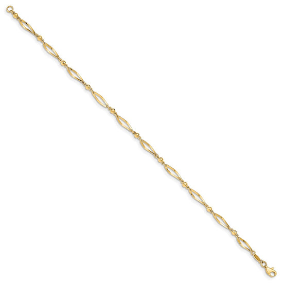 14k Polished Twisted Oval and Mirror Beads 9 inch Anklet